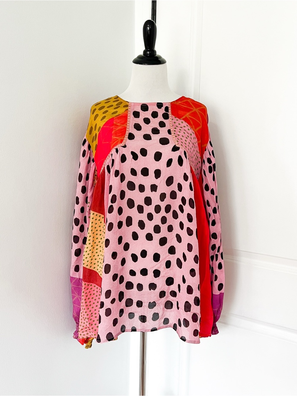 Blank London Pink Patchwork Polka Dot Long-Sleeve Blouse - Size 1X